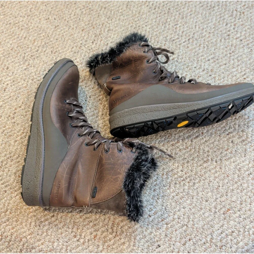 Merrell Tremblant Ezra Boots Womens 9.5 Brown Leather Lace Up Waterproof Vibram
